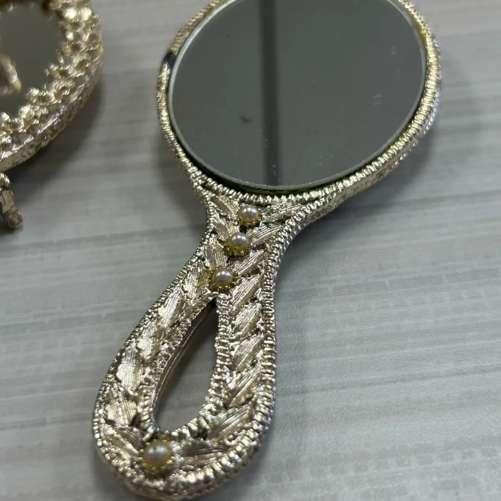 Vintage Sam Fink signed vanity lipstick holder and hand mirror 1950s